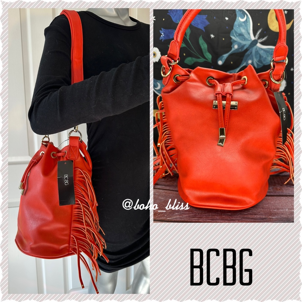 BCBG | Fringe Drawstring Bucket Bag Red NWT